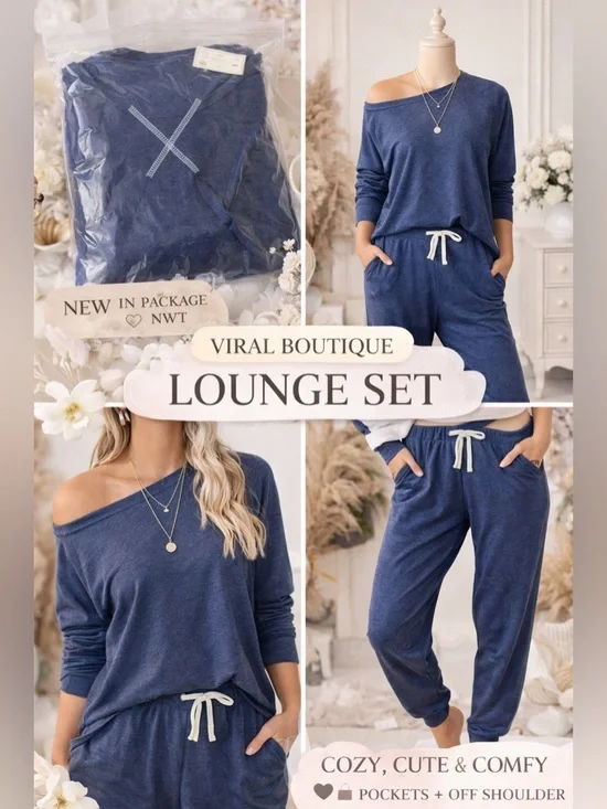 Leo Rosi Blue Lounge Set Small NWT Off Shoulder Jogger Set Pockets - Picture 1 of 3